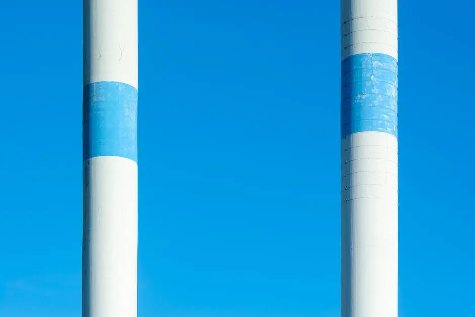 Two industrial chimneys with blue accents set against a clear blue sky, showcasing modern architecture.