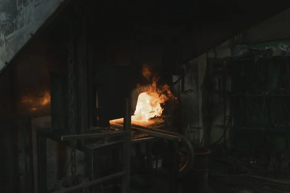 A vibrant scene of an industrial forge with glowing metal and fierce flames, showcasing metalworking.
