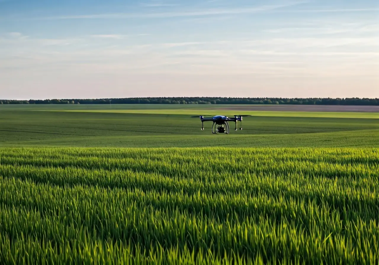 A drone spreading seeds over a vast, green farmland. 35mm stock photo