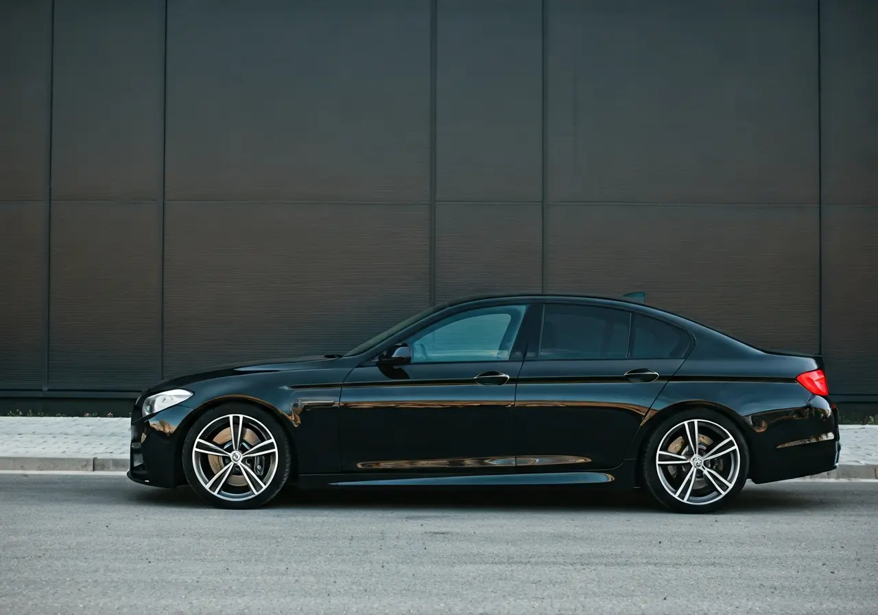 A sleek black car parked in front of a modern office. 35mm stock photo