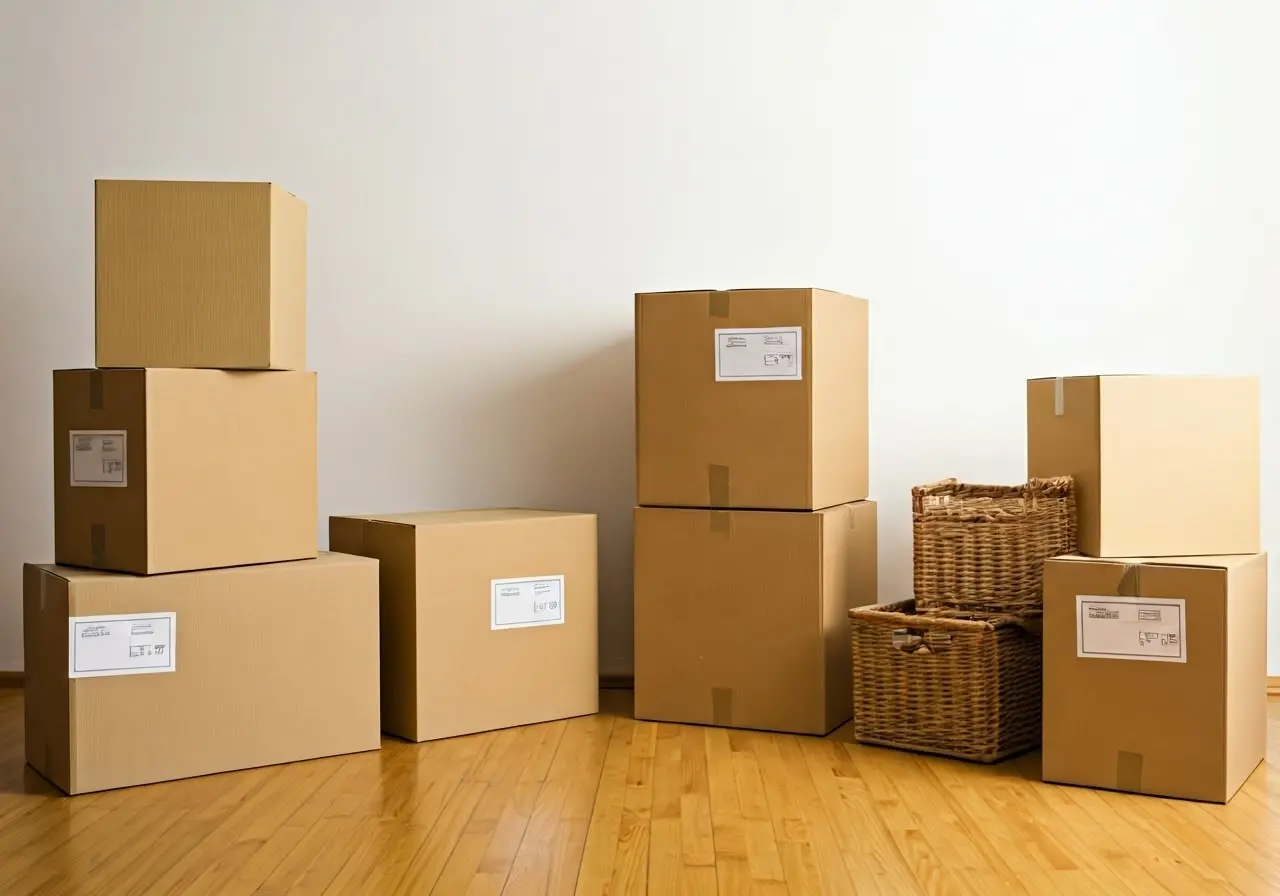 A clutter-free estate room with labeled moving boxes neatly stacked. 35mm stock photo