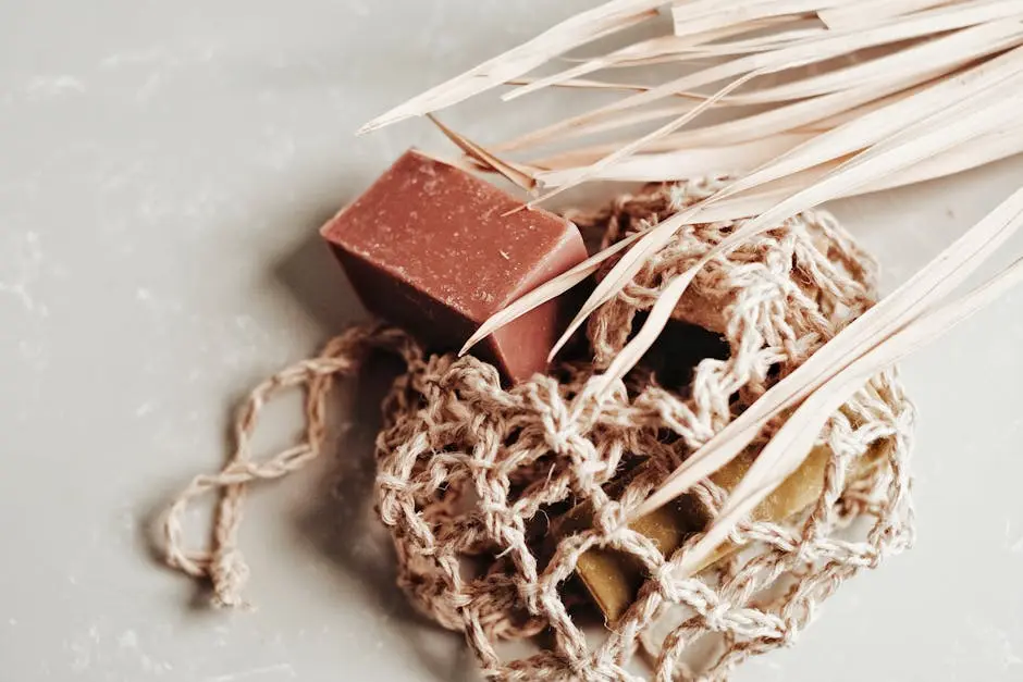 Artisan soap in rustic netting with dried plants, emphasizing eco-friendly skincare.