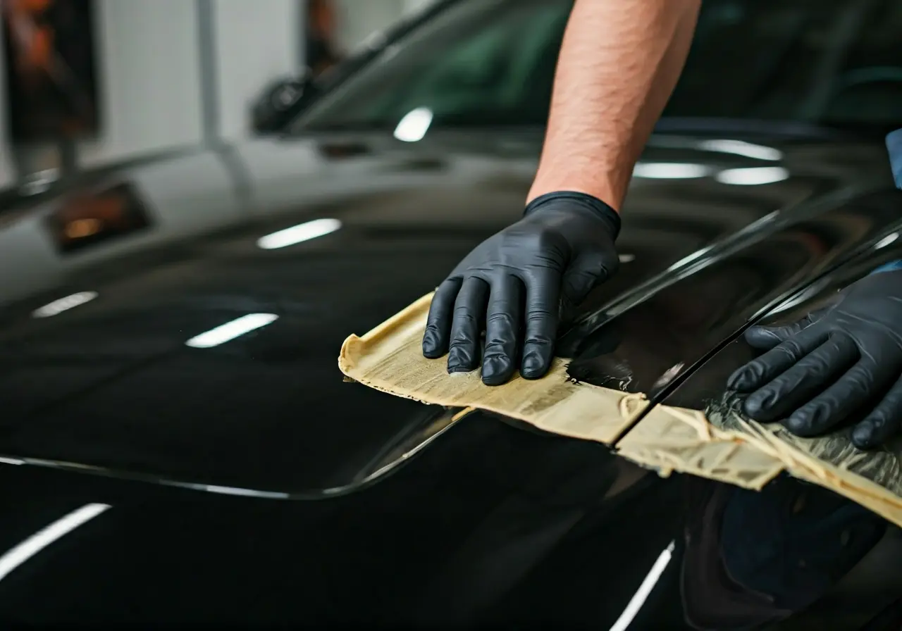 A close-up of hands applying ceramic coating on a car. 35mm stock photo