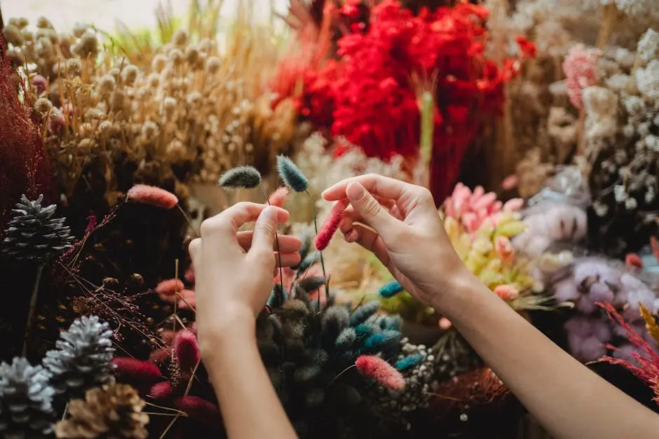 Hands arranging a variety of colorful dried flowers in a flower shop display.