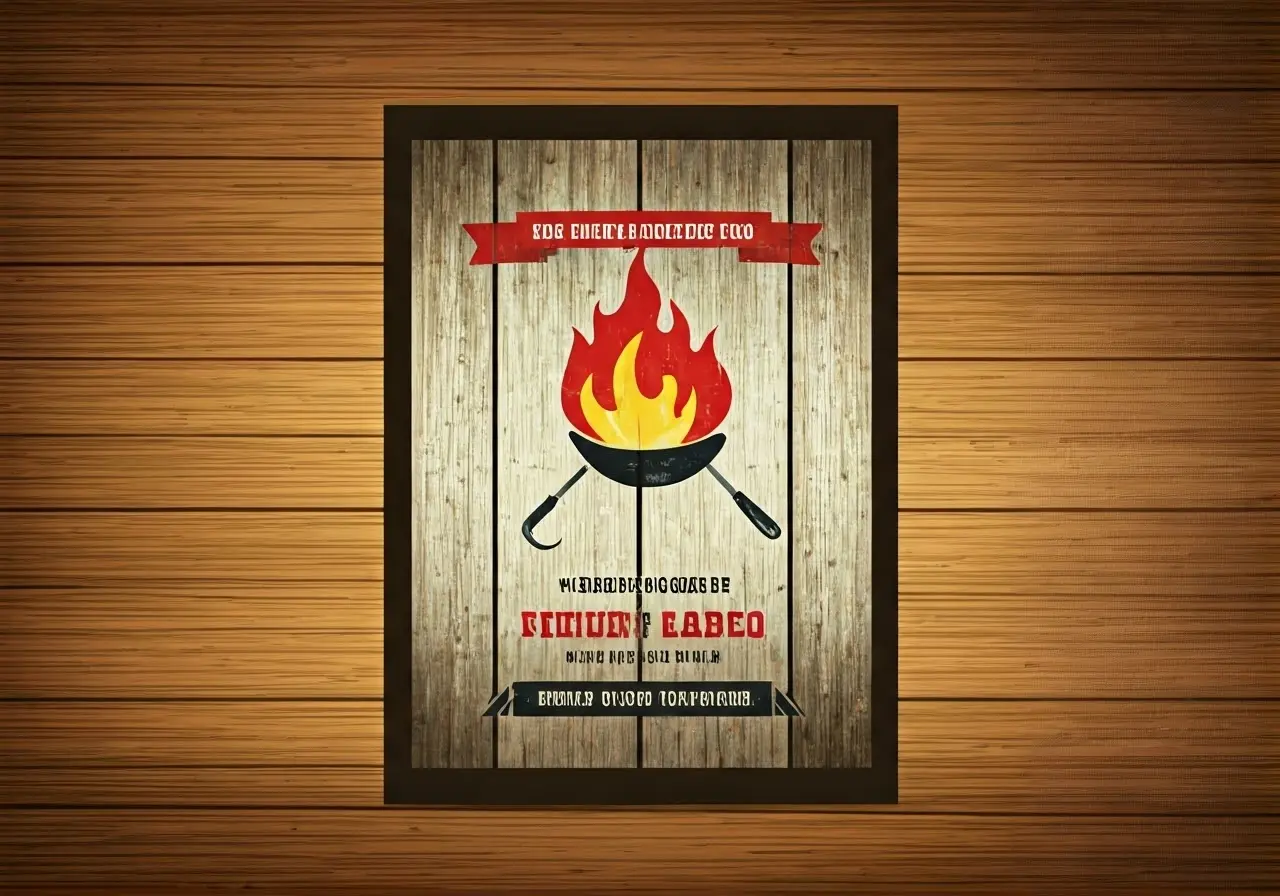 A colorful, rustic BBQ invitation with barbecue icons and flames. 35mm stock photo