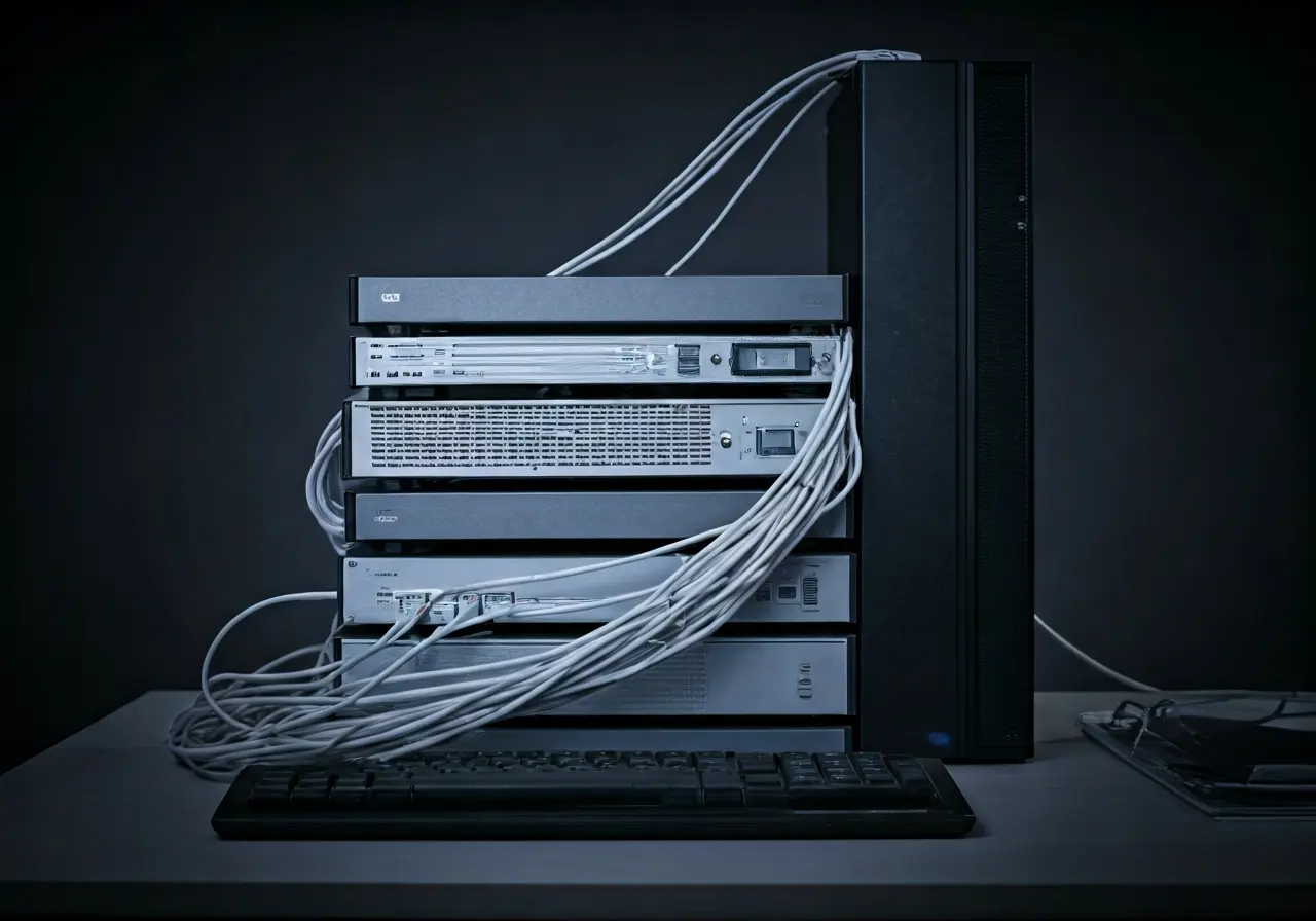 Stack of network servers with connected cables and a keyboard, representing network configuration strategies for Pendleton businesses.