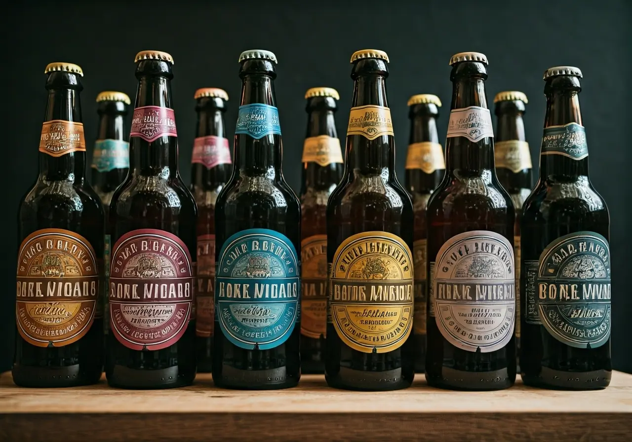 A variety of colorful artisanal non-alcoholic beer bottles displayed. 35mm stock photo