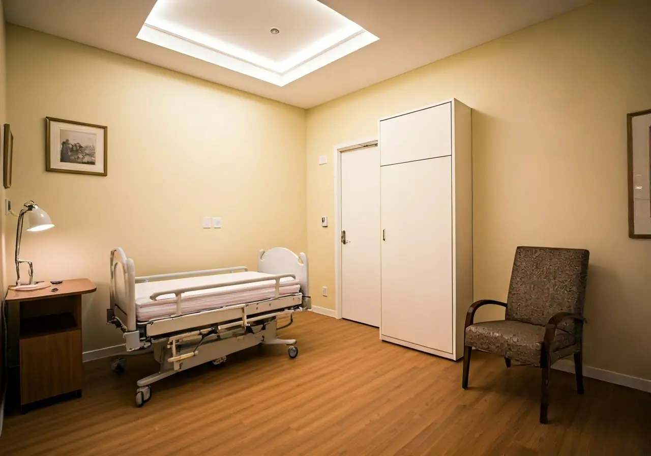 A serene hospice room with comforting, soft lighting. 35mm stock photo