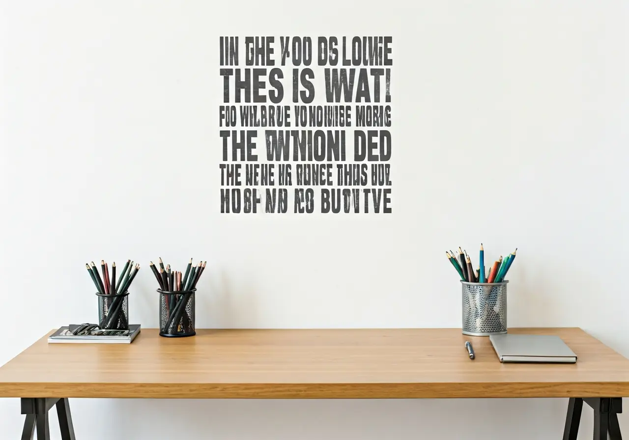 A clutter-free desk with a motivational quote on the wall. 35mm stock photo