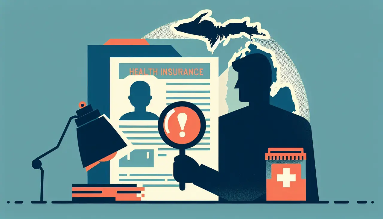 Draw a graphic in flat design style. A flat design illustration of a person holding a magnifying glass over a health insurance form with a map of Michigan in the background.