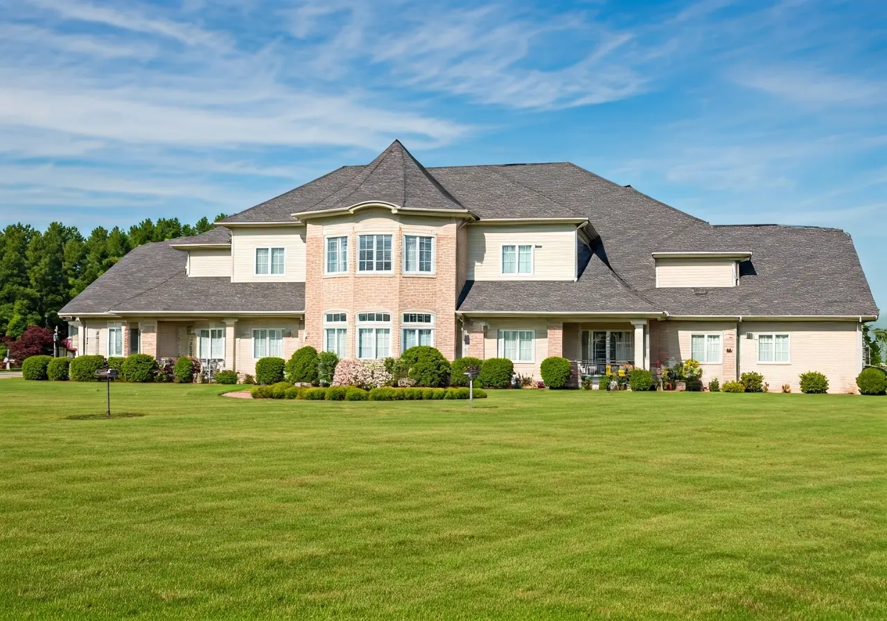 A serene landscape with a cozy, welcoming retirement home. 35mm stock photo