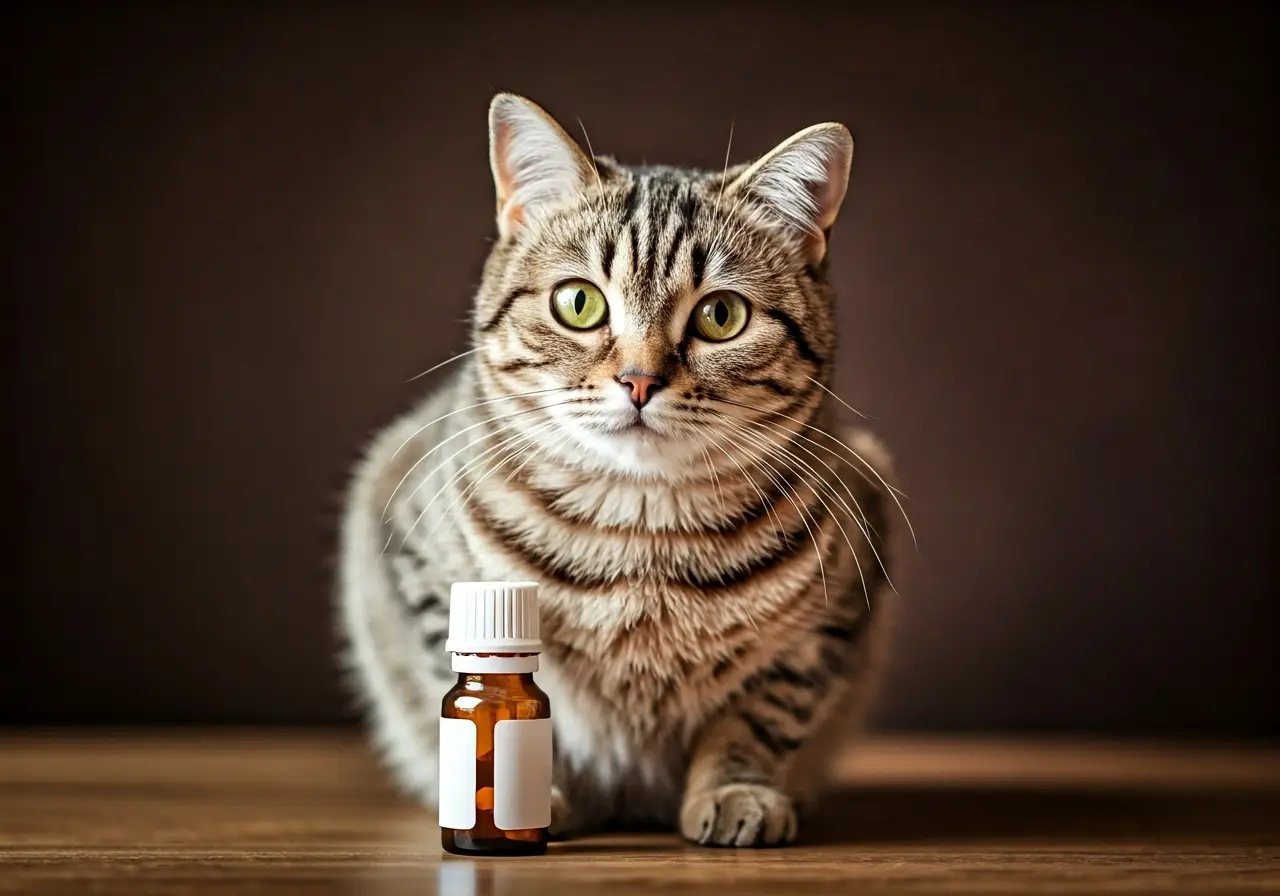 A calm cat sitting beside a small bottle of medication. 35mm stock photo