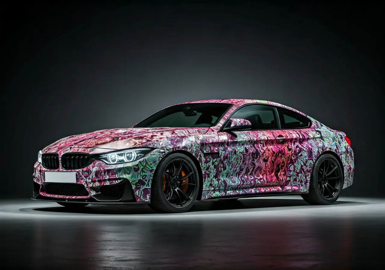 A vibrant car with an eye-catching commercial wrap design. 35mm stock photo