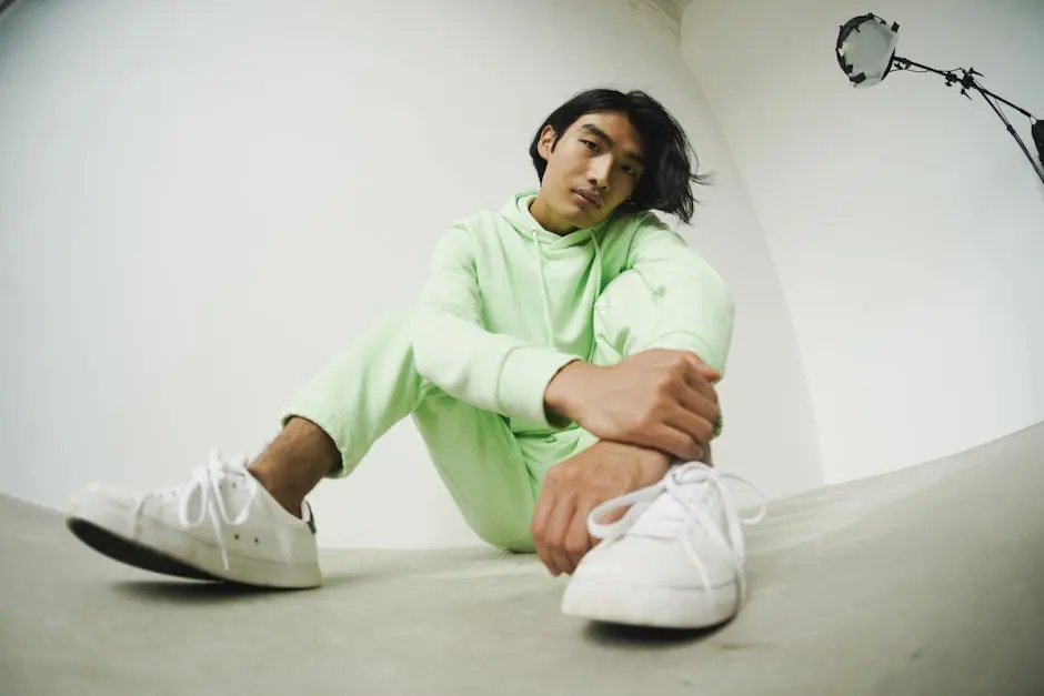 Low-angle shot of a man in a green hoodie posing stylishly in a studio setting.
