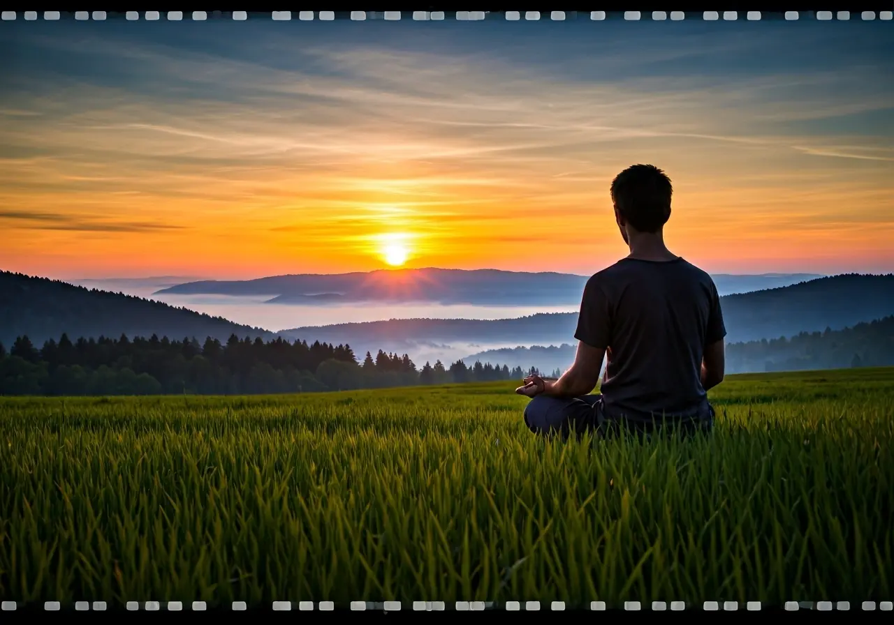 A serene landscape with a meditating figure at sunrise. 35mm stock photo