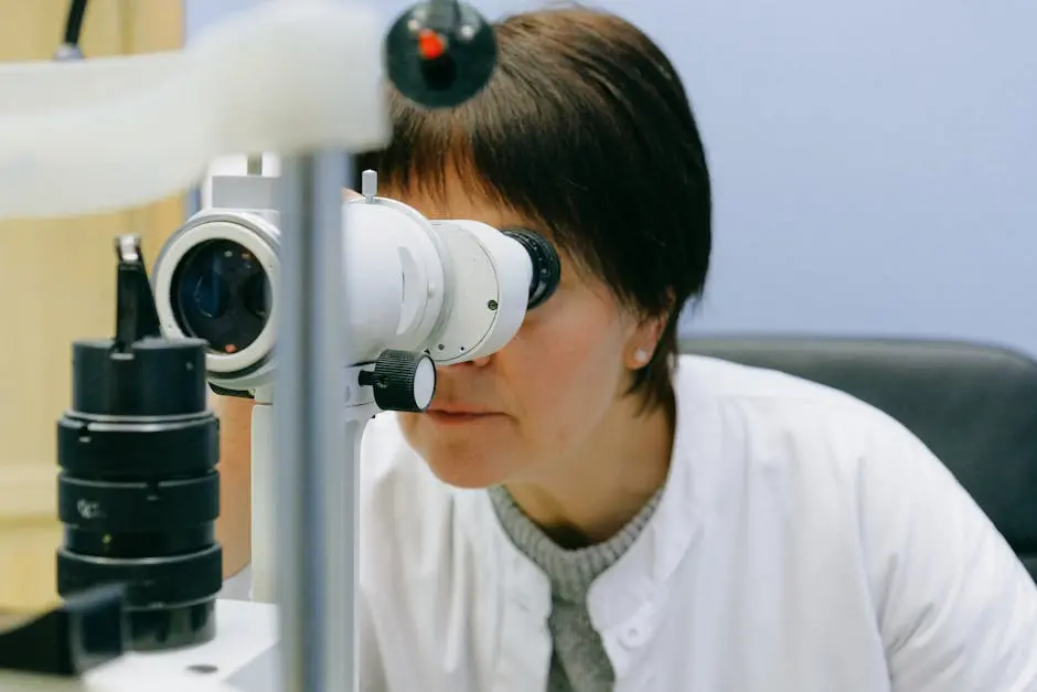 A female healthcare professional using a slit lamp for an eye examination in a clinical setting.