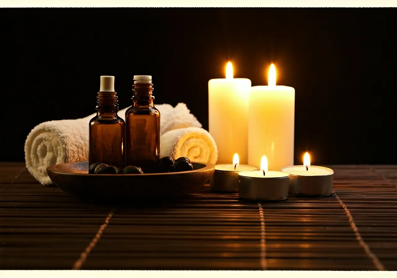 A serene spa setup with candles and essential oils. 35mm stock photo