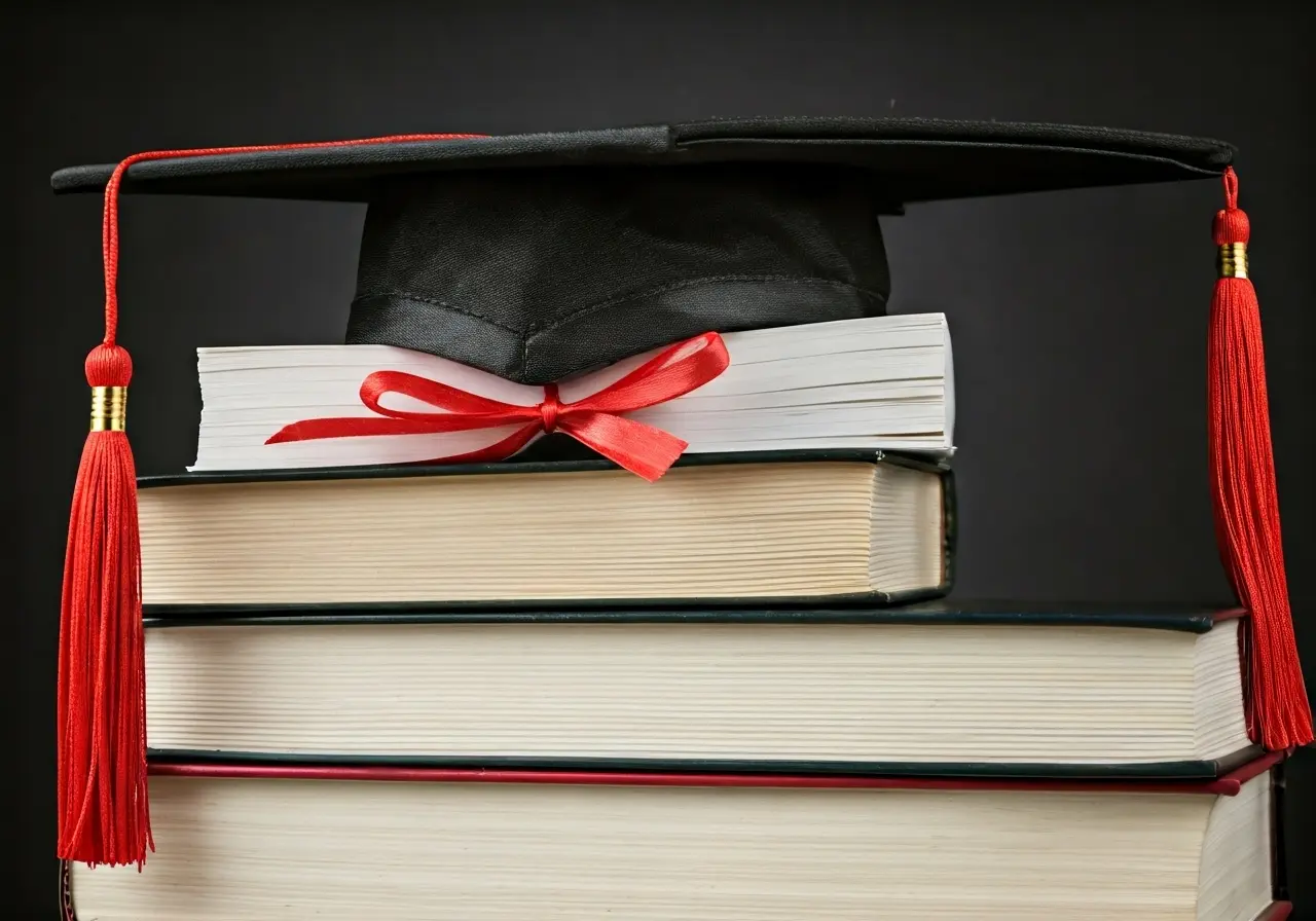 A stack of psychology books and a graduation cap. 35mm stock photo