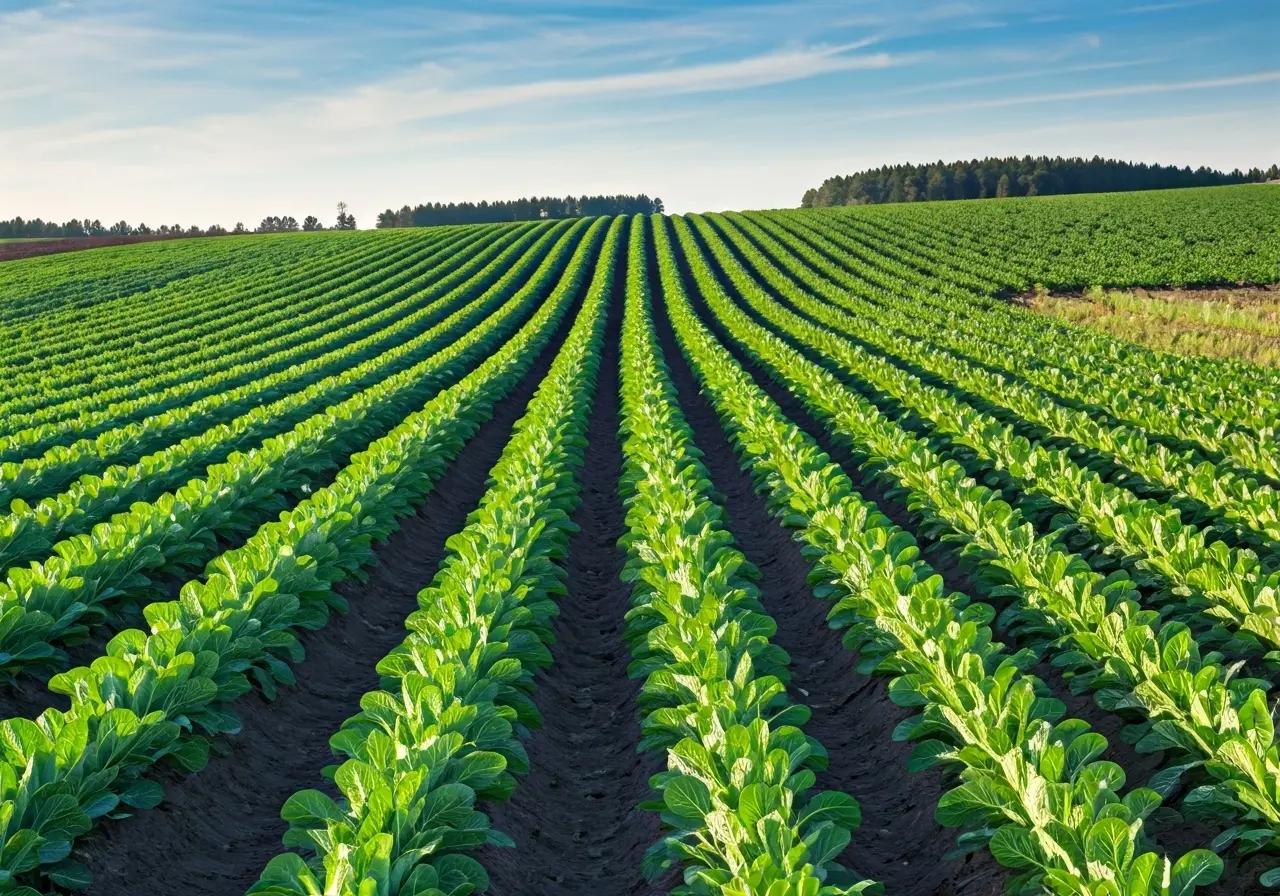 Rows of lush crops in a well-organized, vibrant field. 35mm stock photo