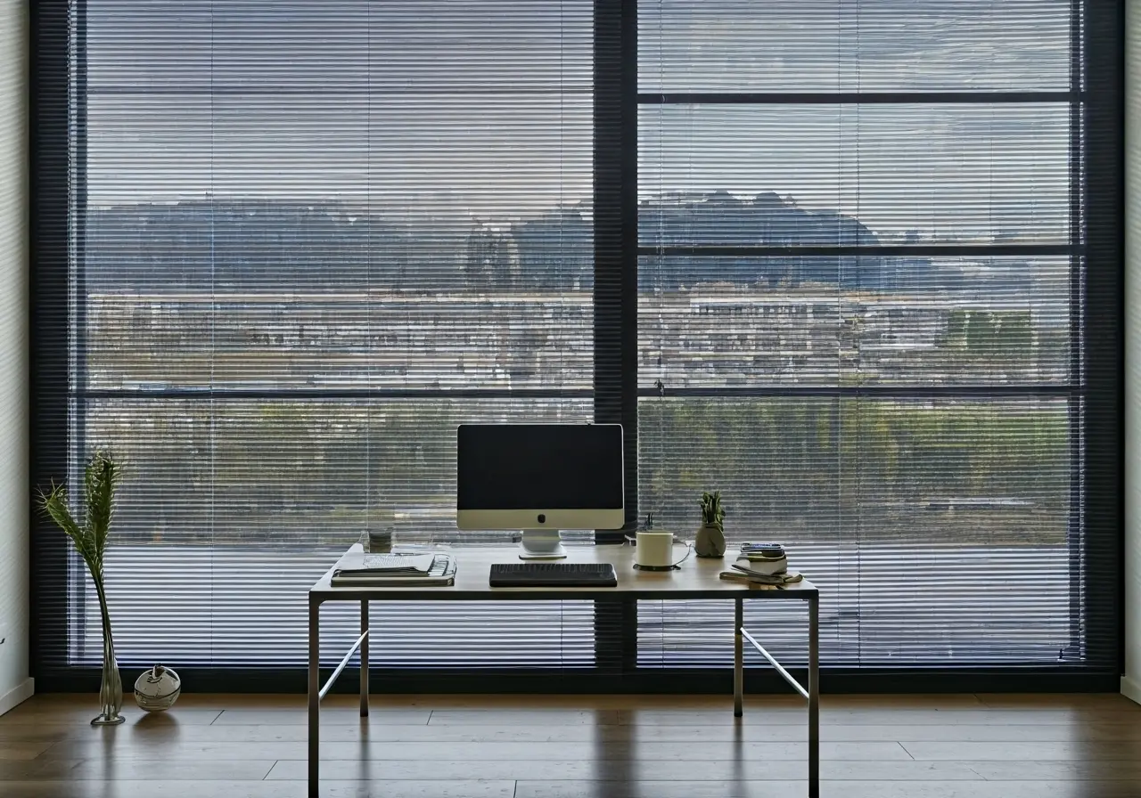 Smart shades in a modern office with natural lighting. 35mm stock photo