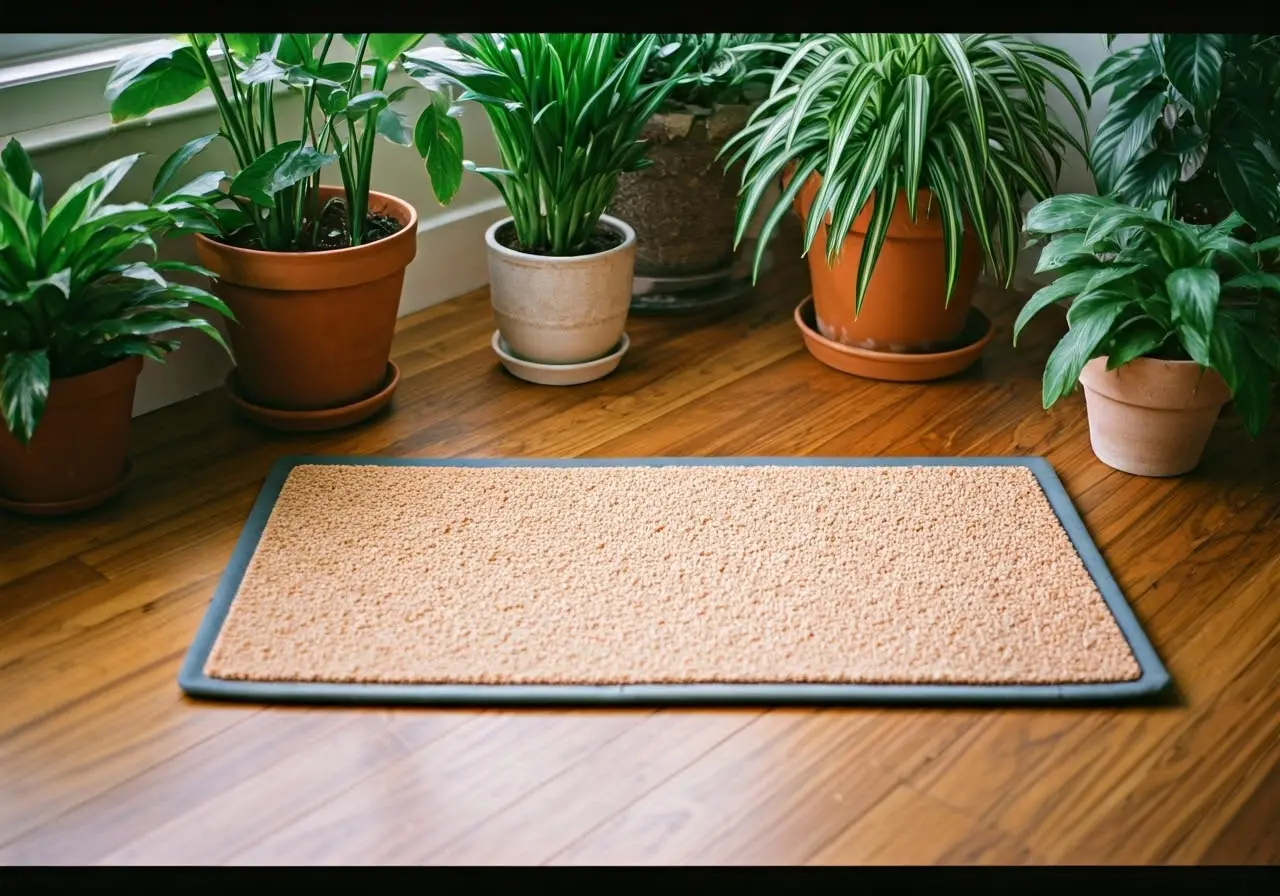 A grounding mat on a wooden floor with houseplants nearby. 35mm stock photo