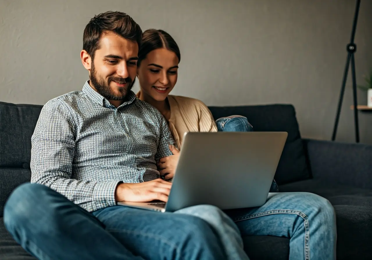 A couple sitting on a couch with a laptop open. 35mm stock photo