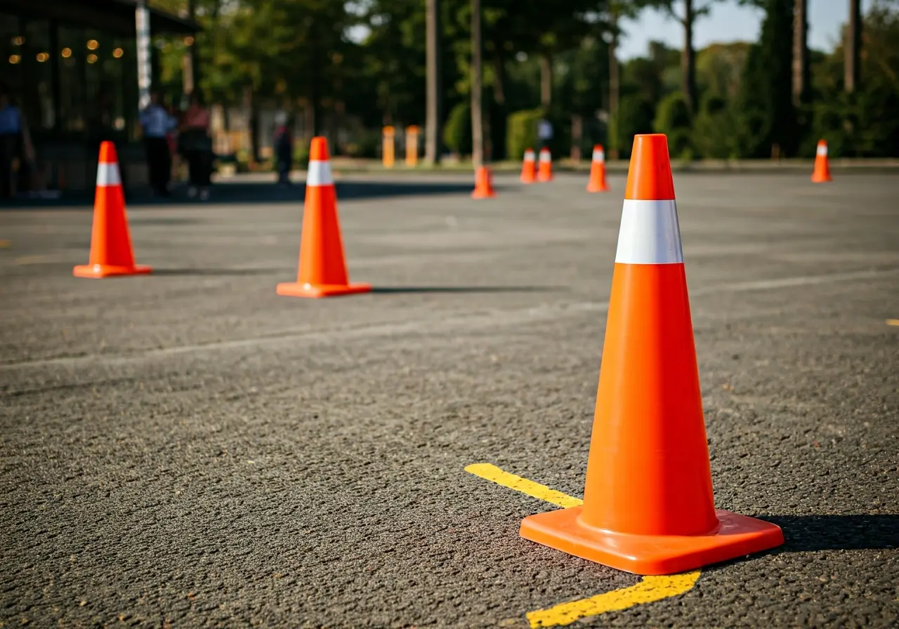 Bright orange delineator cones lined up at an outdoor event. 35mm stock photo