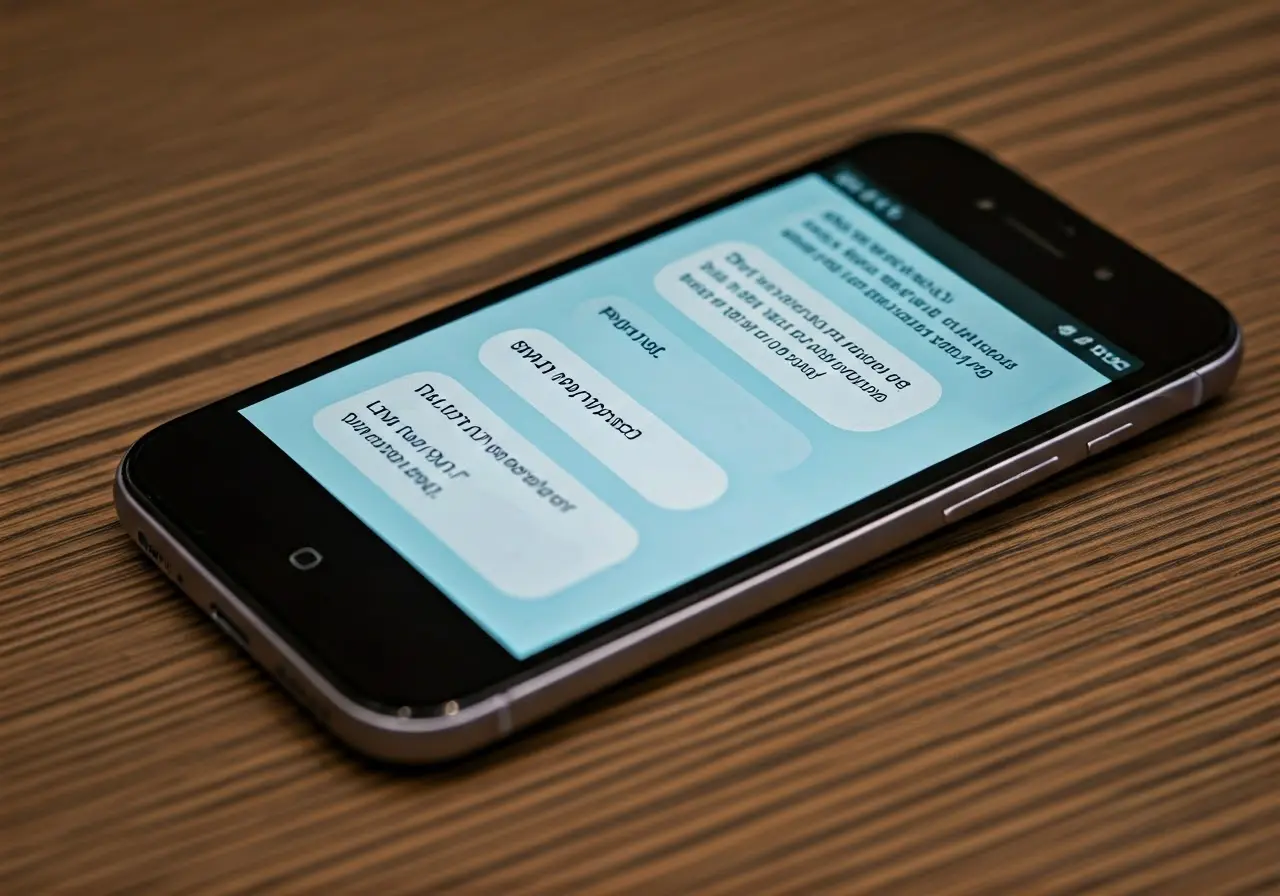 A smartphone displaying an SMS marketing message with typos. 35mm stock photo