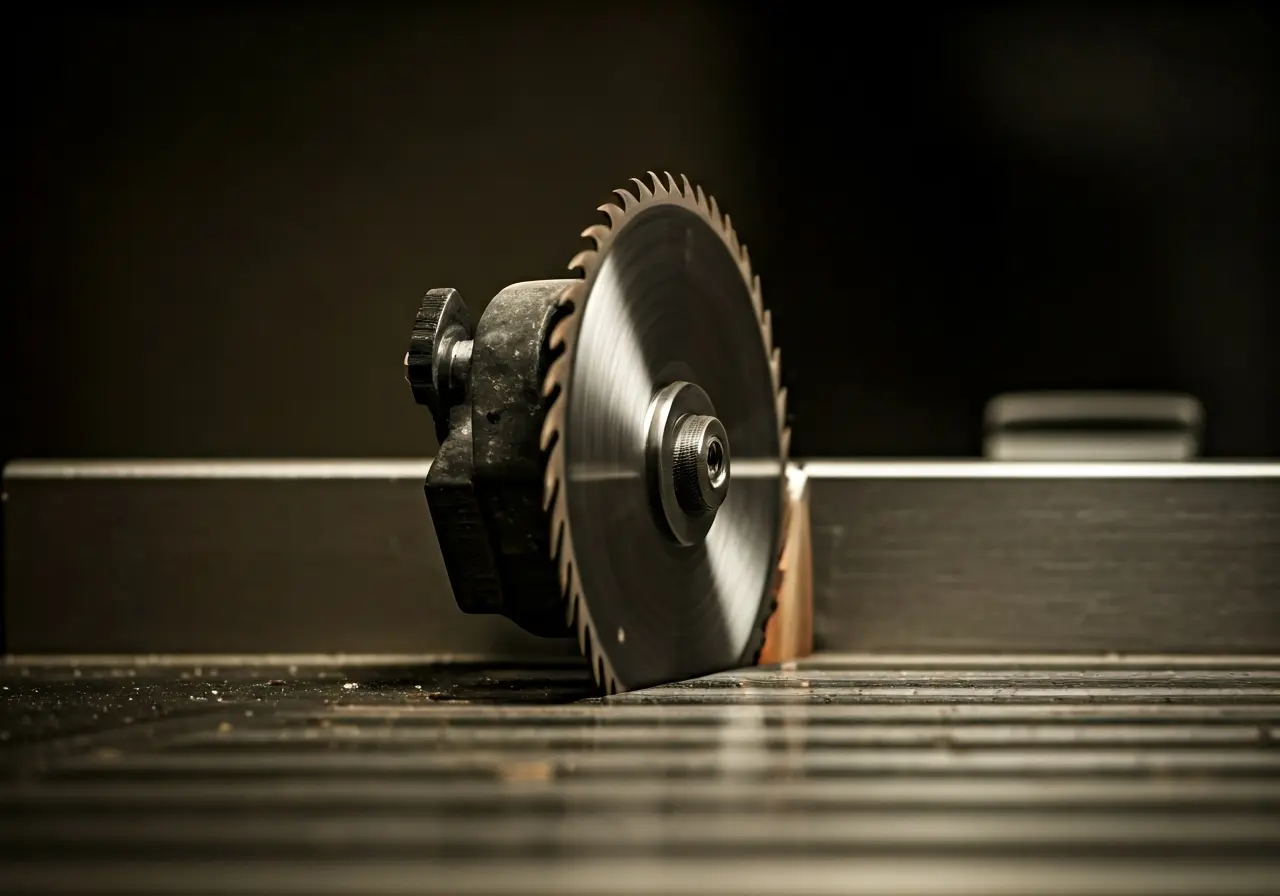 A close-up of a sharp table saw blade in motion. 35mm stock photo