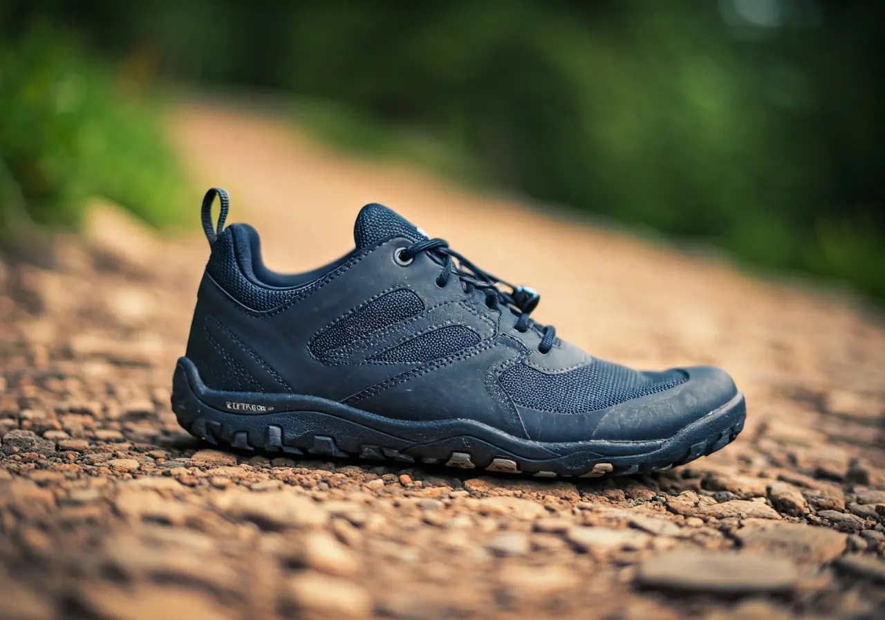 A lone minimalist hiking shoe on a rocky trail. 35mm stock photo
