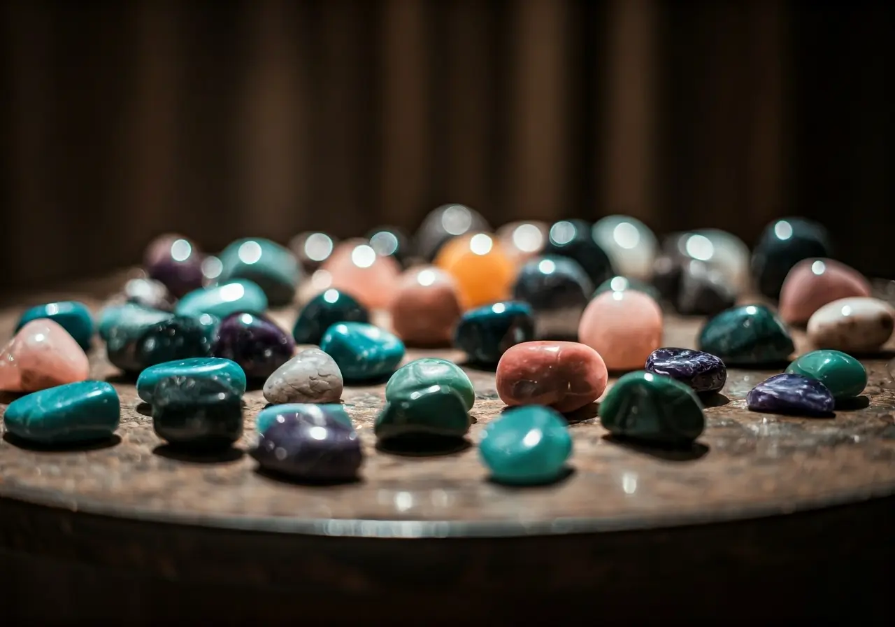 A collection of colorful protection crystals displayed on a table. 35mm stock photo
