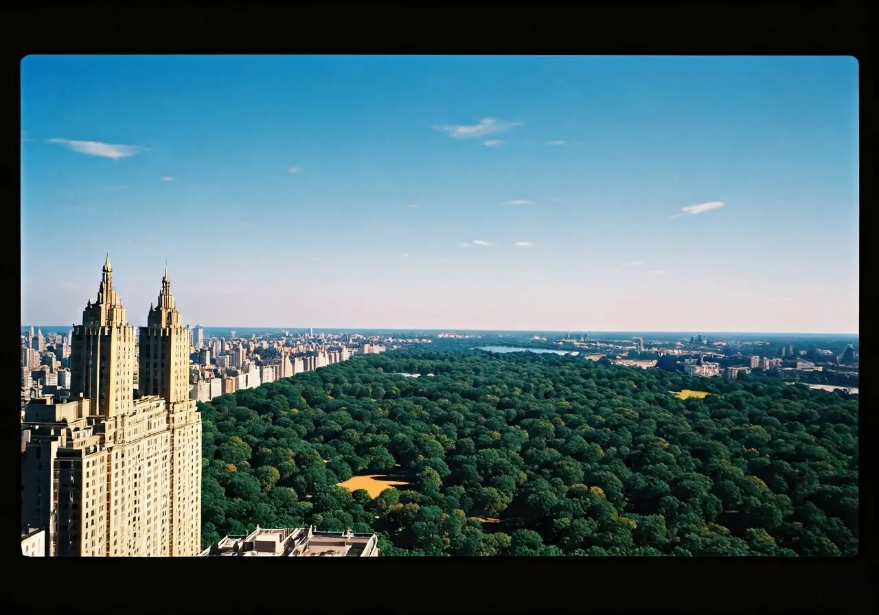 Aerial view of Central Park Tower against a clear sky. 35mm stock photo