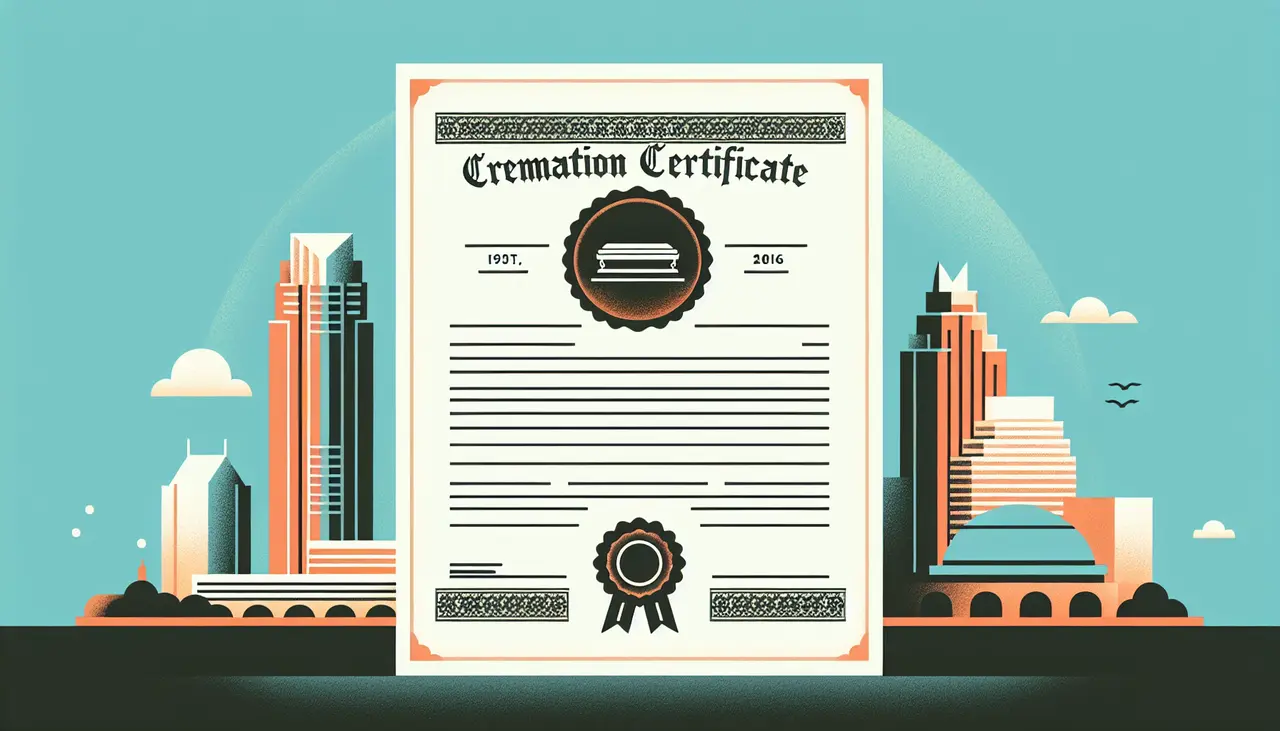 Draw a graphic in flat design style. A minimalist flat design illustration of an official document with a seal and ribbon, symbolizing a cremation certificate, set against the Austin skyline backdrop.