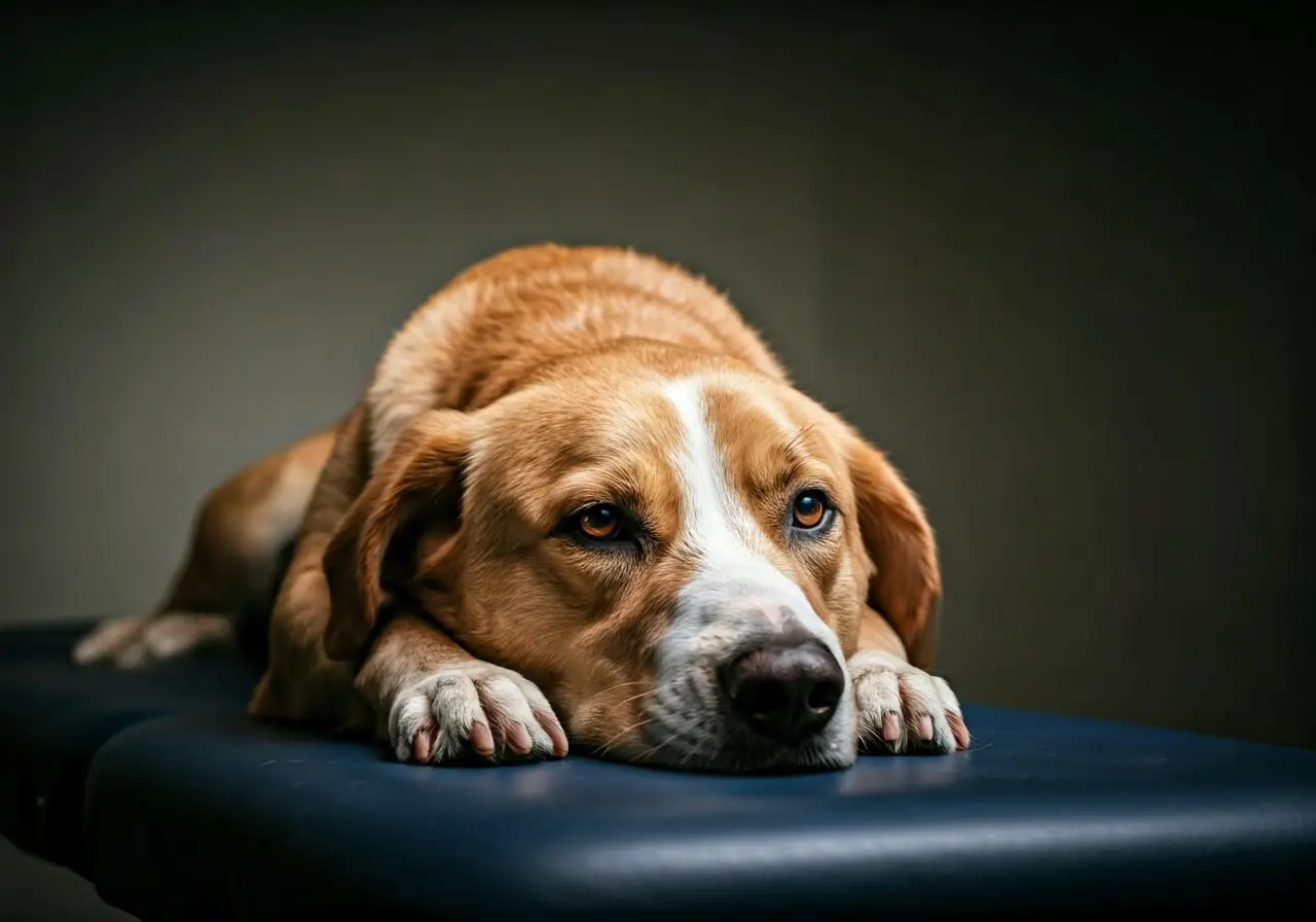 A relaxed dog lying on a massage therapist’s table. 35mm stock photo