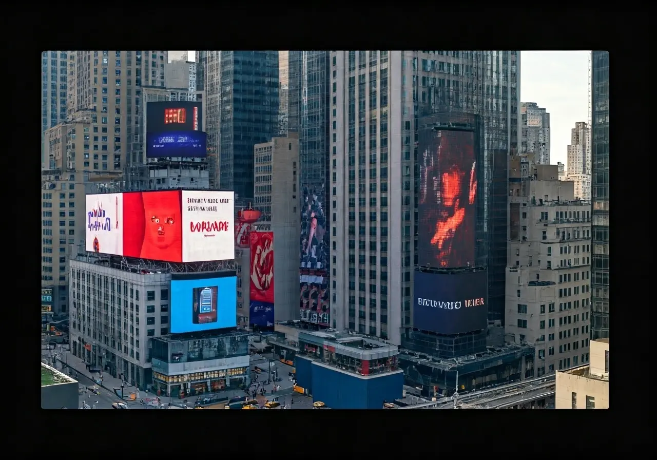 Aerial view of NYC billboards displaying digital advertisements. 35mm stock photo