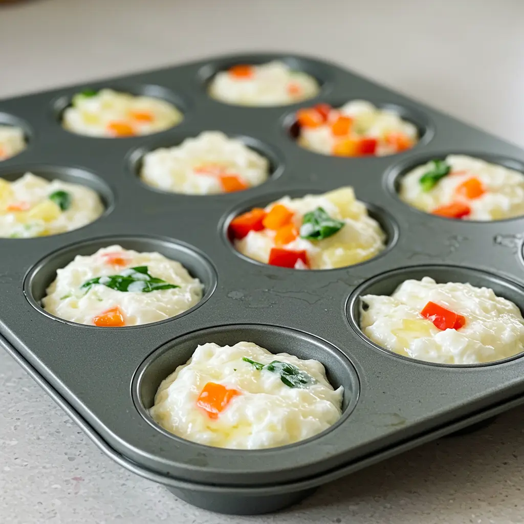 Muffin tin with egg whites and mixed vegetables.