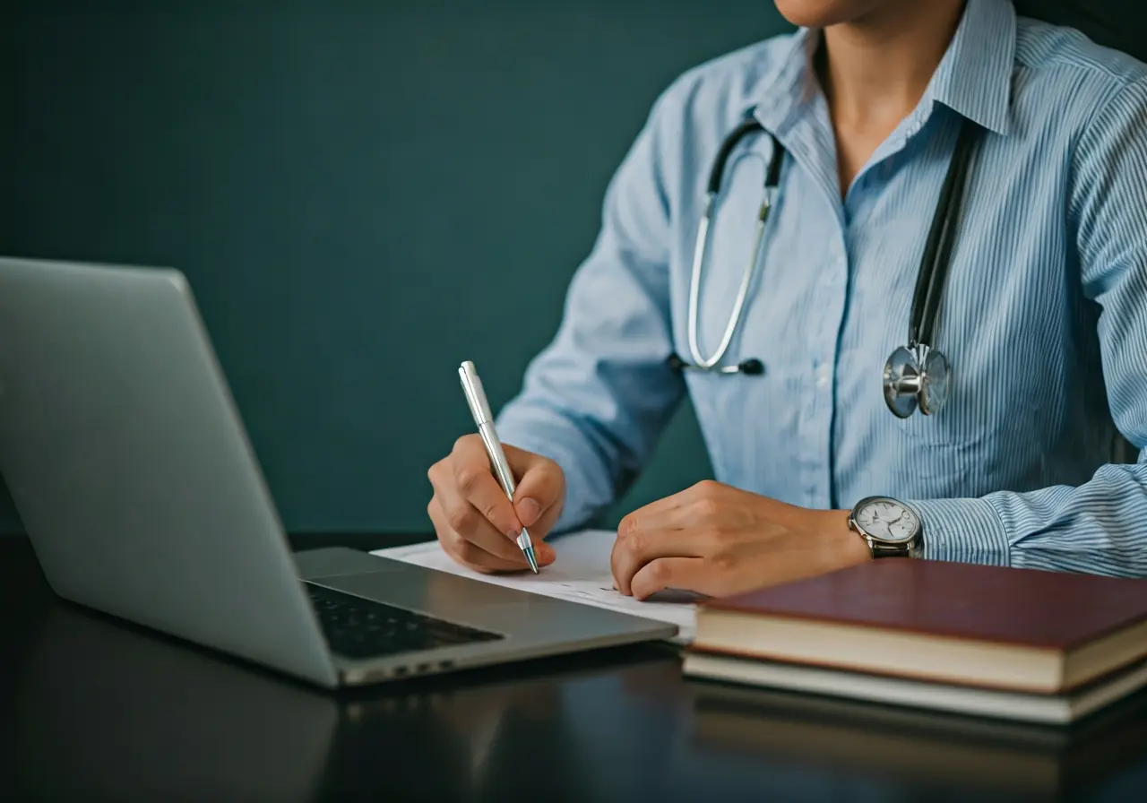 A student studying healthcare online with a laptop and books. 35mm stock photo