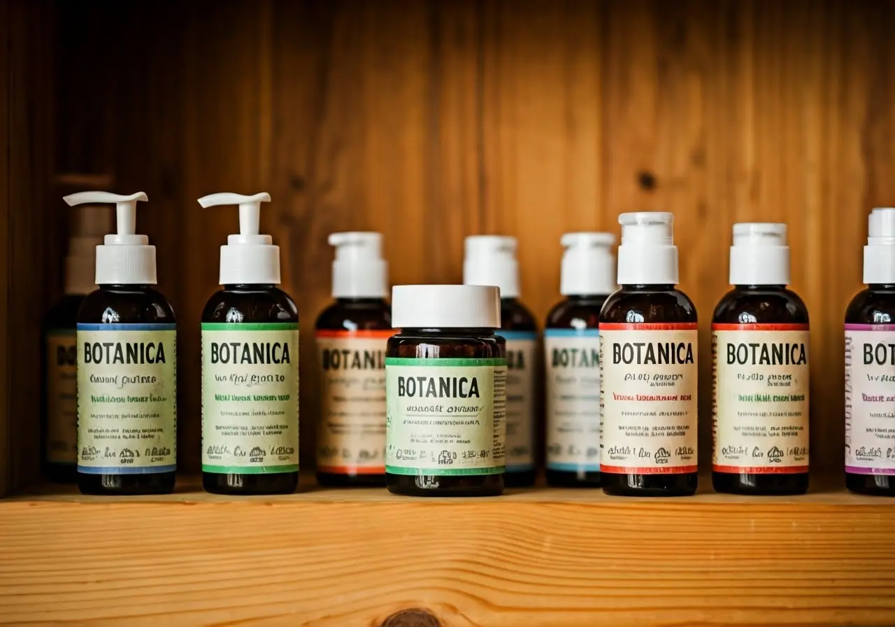 A collection of colorful botanica products on a wooden shelf. 35mm stock photo