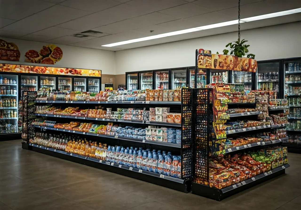 A vibrant convenience store with innovative product displays in Houston. 35mm stock photo