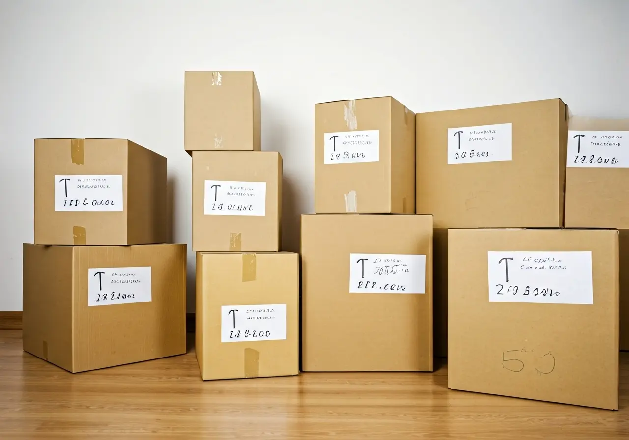 A cluttered room being organized by labeled moving boxes. 35mm stock photo