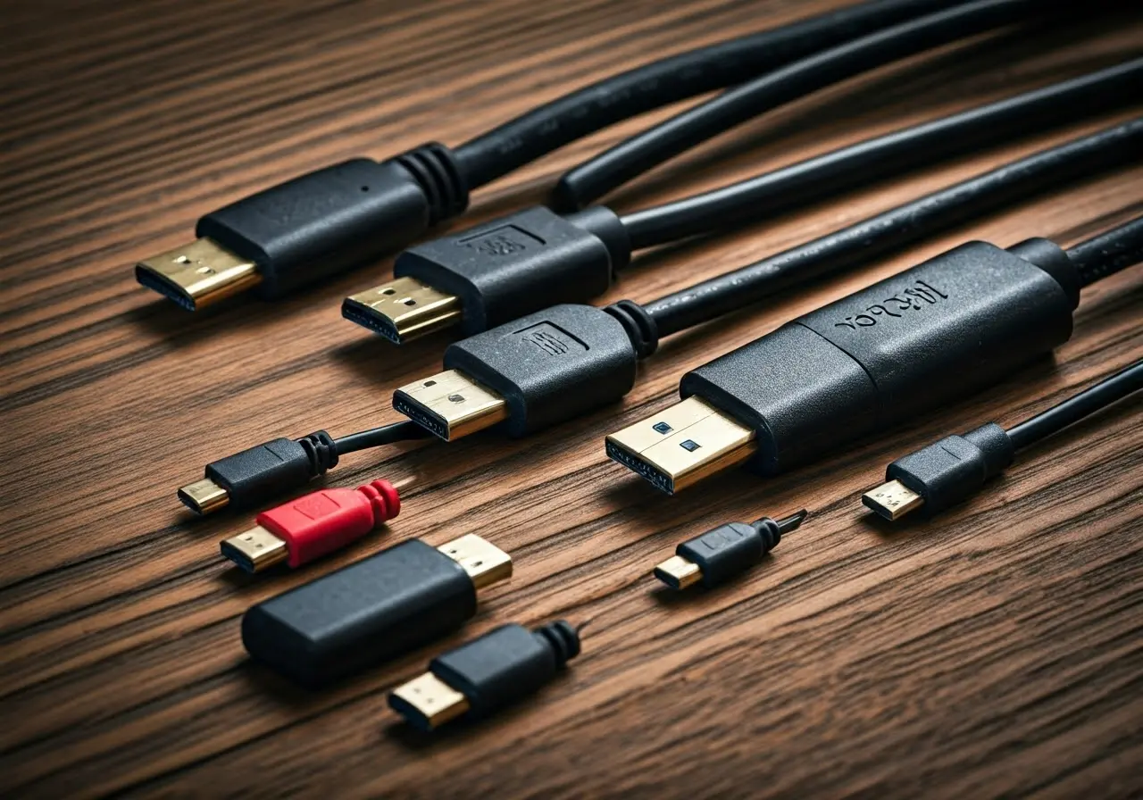 A variety of HDMI cables displayed on a wooden surface. 35mm stock photo