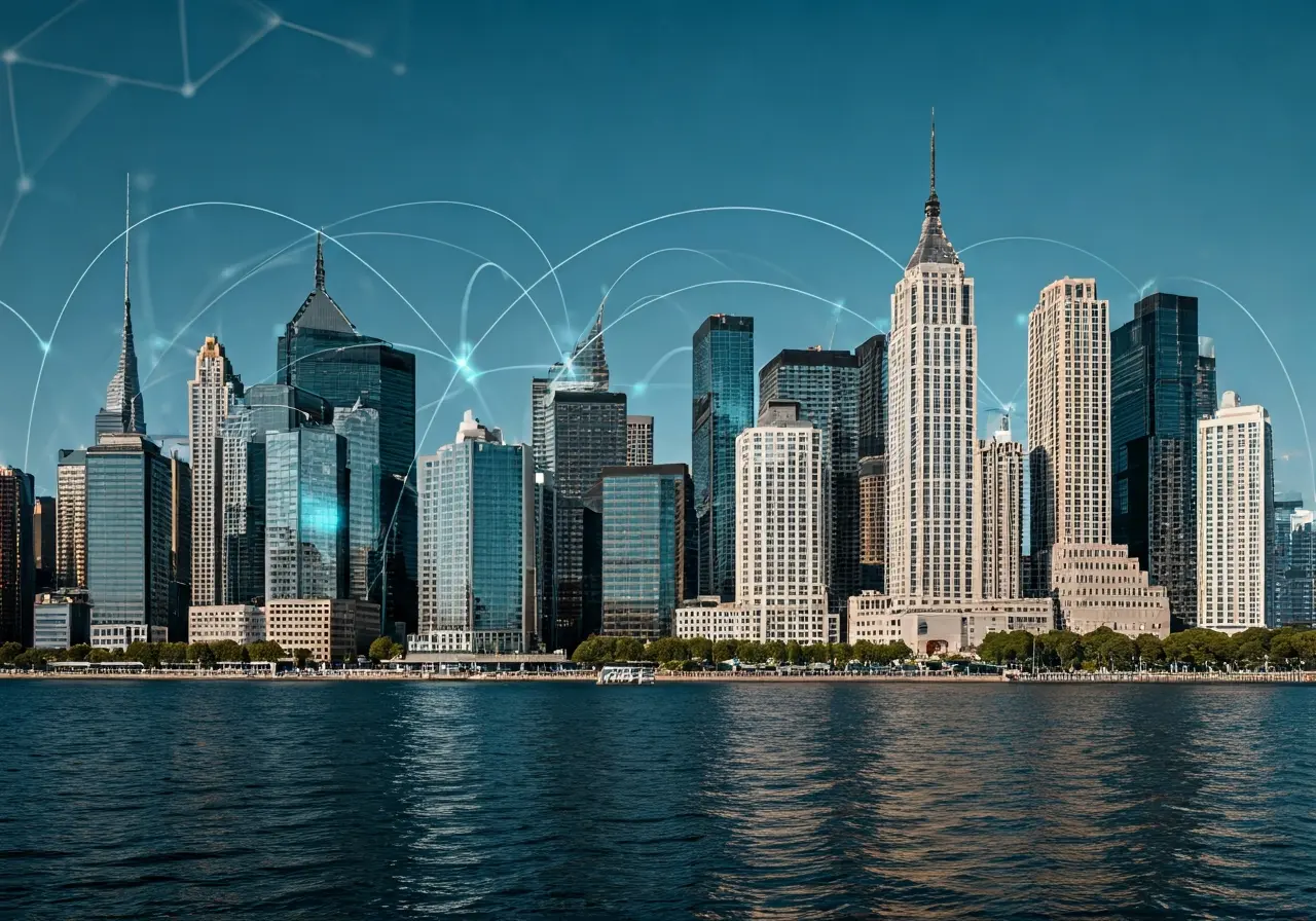 A bustling cityscape with a digital network overlay. 35mm stock photo