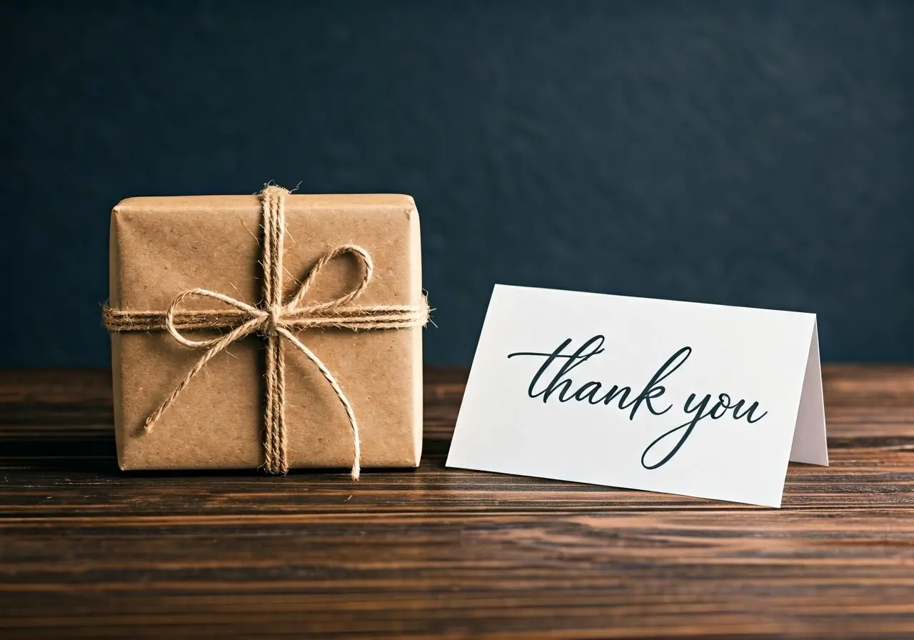 A beautifully wrapped gift with a handwritten thank you card. 35mm stock photo