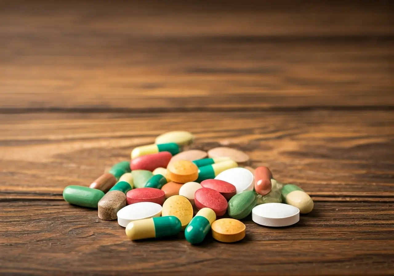 A variety of colorful supplements spilled onto a wooden table. 35mm stock photo