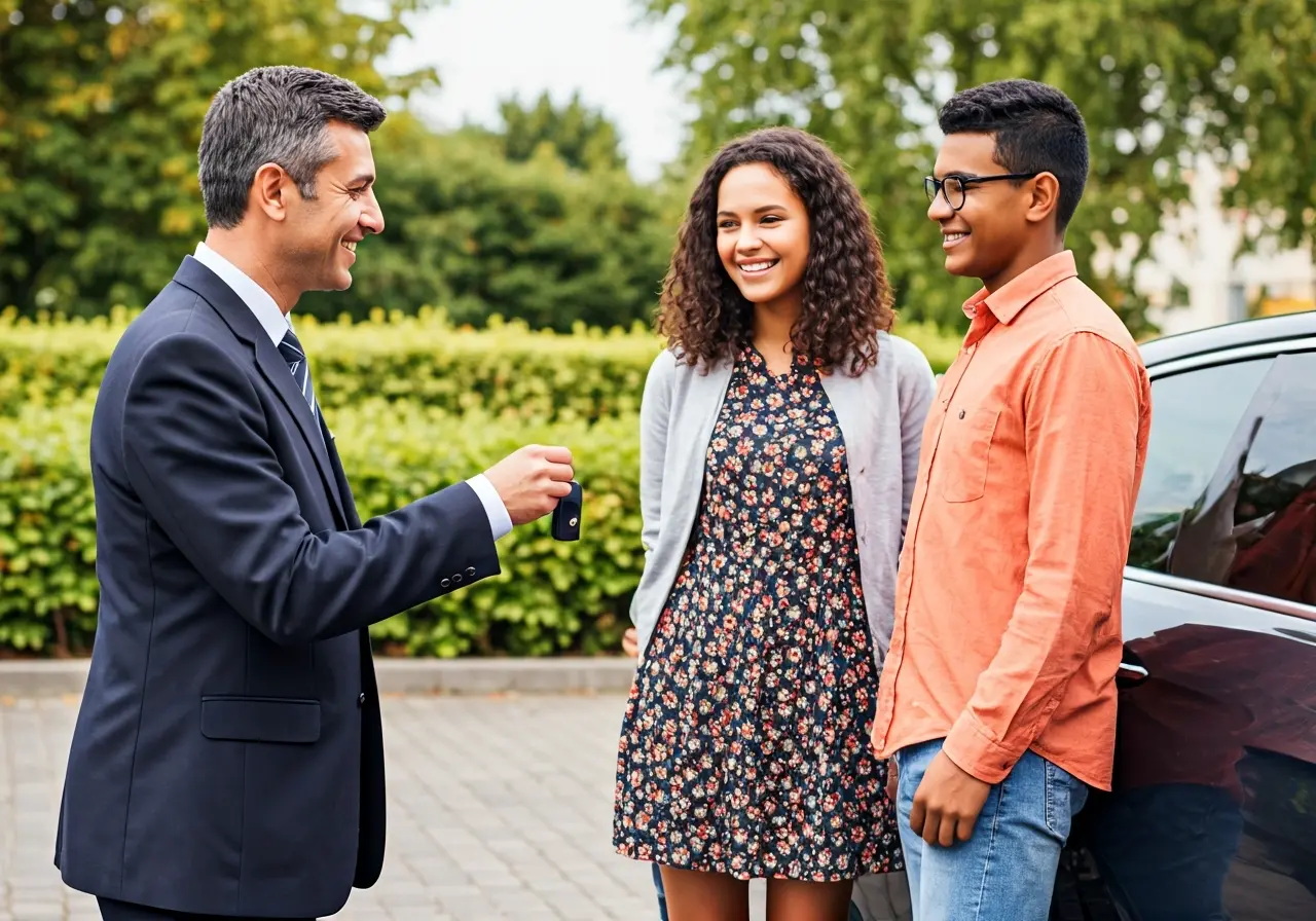 A valet handing keys to a smiling family outside a car. 35mm stock photo