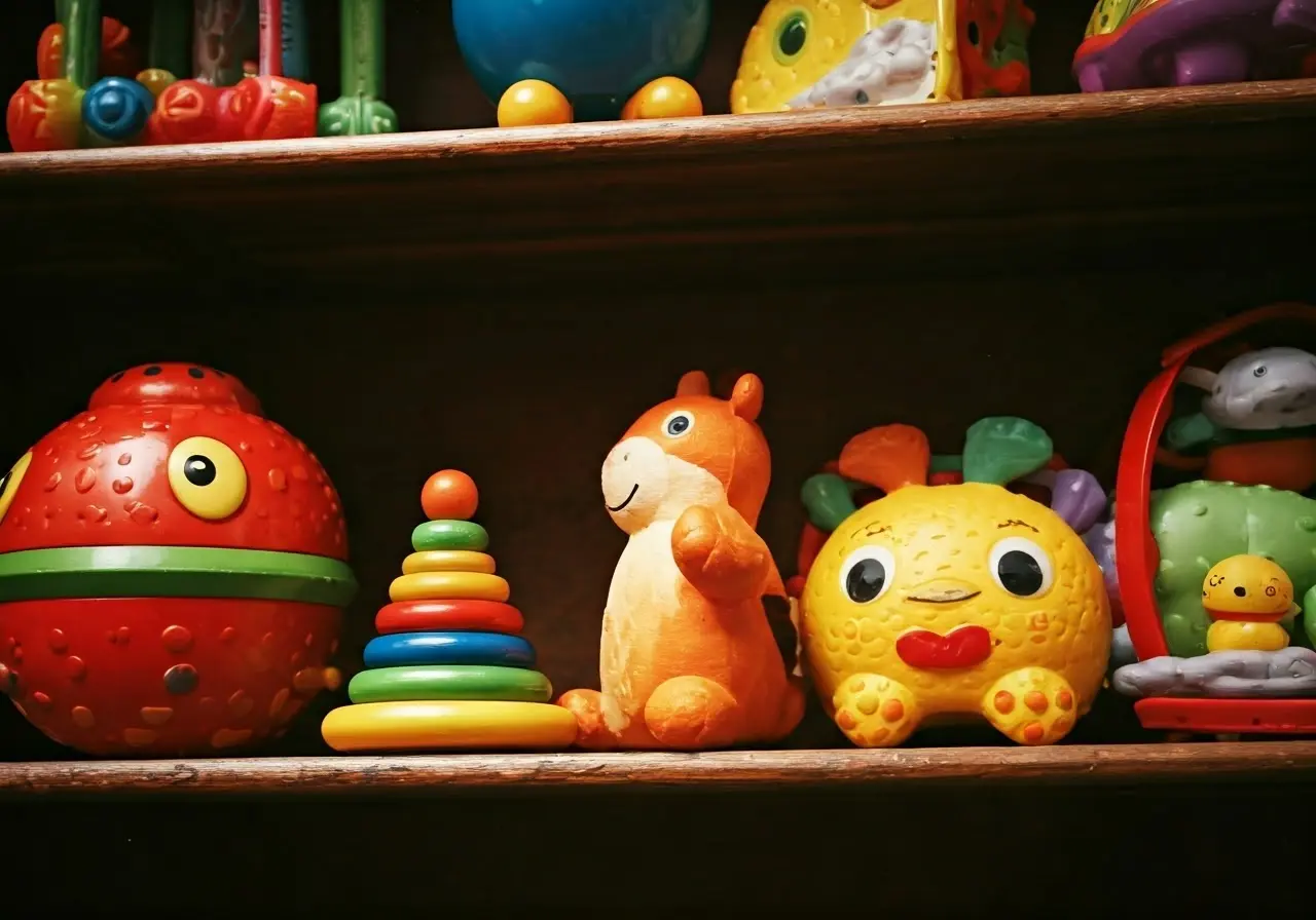 A colorful display of various baby toys on a shelf. 35mm stock photo
