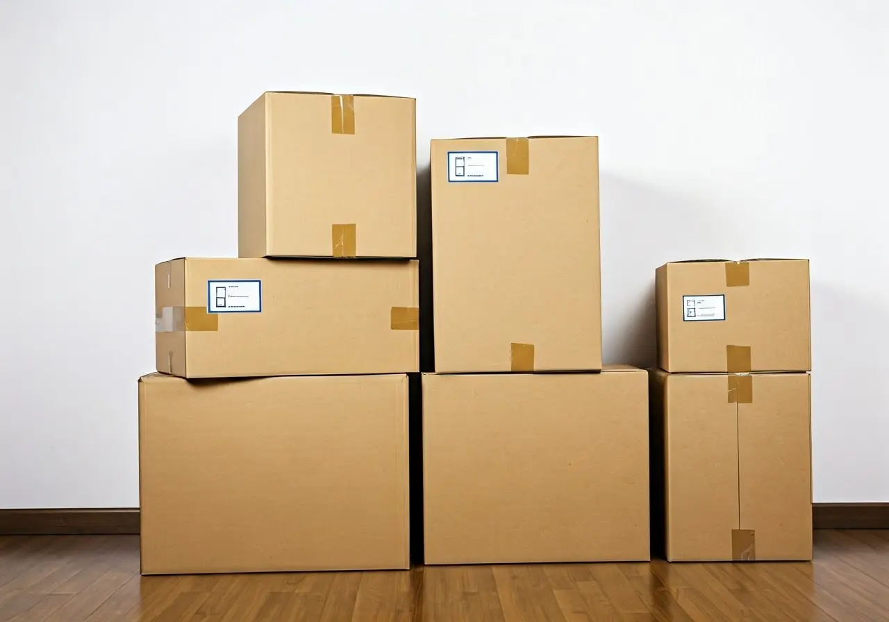 A neatly organized stack of labeled moving boxes. 35mm stock photo