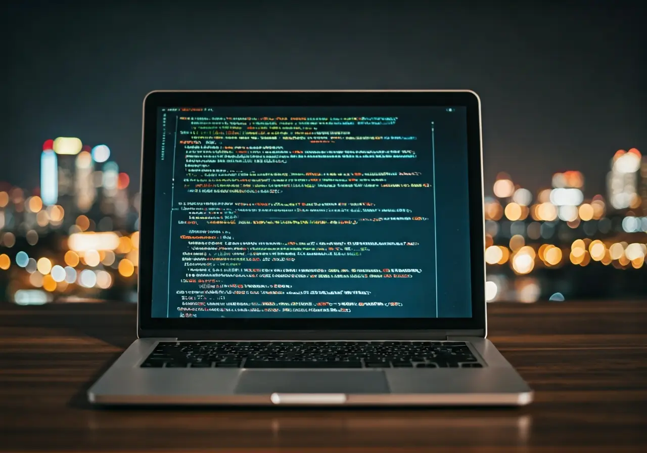 A laptop displaying complex code, city skyline in background. 35mm stock photo