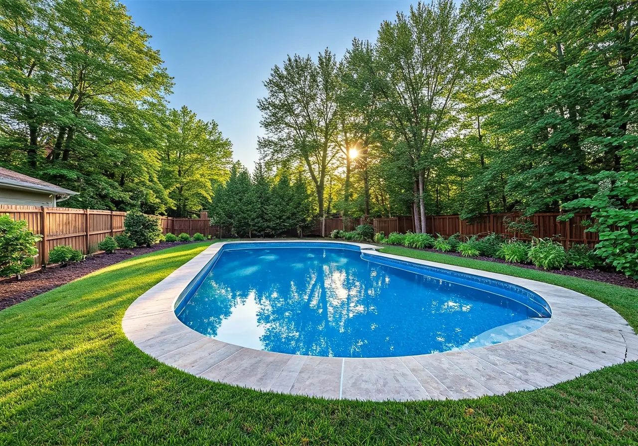 A serene backyard featuring a newly installed fiberglass pool. 35mm stock photo