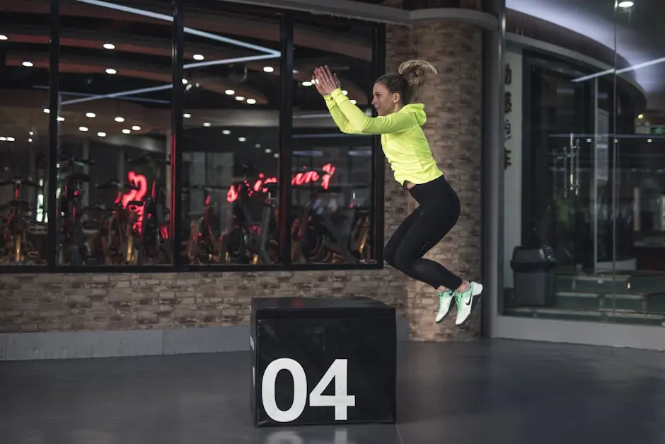 Fit young woman in sports wear executing a box jump indoors, promoting fitness and health in a modern urban gym.